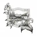 A blackwork tattoo of a serene landscape with an iris garden in the foreground tattoo design idea