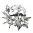 A blackwork tattoo of a serene landscape with an iris garden in the foreground tattoo design idea