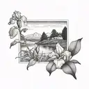 A blackwork tattoo of a serene landscape with an iris garden in the foreground tattoo design idea