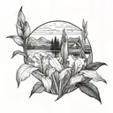 A blackwork tattoo of a serene landscape with an iris garden in the foreground tattoo design idea