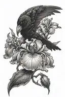 A dotwork tattoo of a bearded iris flower intertwined with a raven, inspired by Lord of the Rings themes tattoo design idea