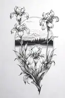 A blackwork tattoo of a serene landscape with an iris garden in the foreground tattoo design idea