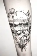 A blackwork tattoo of a serene landscape with an iris garden in the foreground tattoo design idea