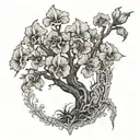 A dotwork tattoo of the White Tree of Gondor with bearded iris flowers blooming at its base, representing strength and beauty tattoo design idea