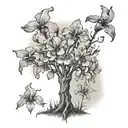 A dotwork tattoo of the White Tree of Gondor with bearded iris flowers blooming at its base, representing strength and beauty tattoo design idea