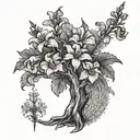 A dotwork tattoo of the White Tree of Gondor with bearded iris flowers blooming at its base, representing strength and beauty tattoo design idea