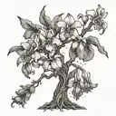A dotwork tattoo of the White Tree of Gondor with bearded iris flowers blooming at its base, representing strength and beauty tattoo design idea