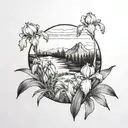 A blackwork tattoo of a serene landscape with an iris garden in the foreground tattoo design idea