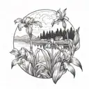 A blackwork tattoo of a serene landscape with an iris garden in the foreground tattoo design idea
