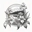 A blackwork tattoo of a serene landscape with an iris garden in the foreground tattoo design idea