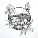 A blackwork tattoo of a serene landscape with an iris garden in the foreground tattoo design idea