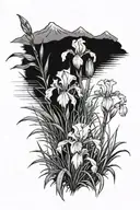 A blackwork tattoo of a serene landscape with an iris garden in the foreground tattoo design idea