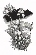 A blackwork tattoo of a serene landscape with an iris garden in the foreground tattoo design idea