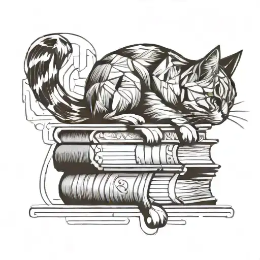 A minimalist tattoo of a cat sitting on a stack of romantic books, symbolizing your passion for reading and cats tattoo design idea
