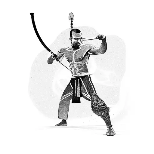 A futuristic blackwork tattoo of a capoeira fighter using a berimbau as a weapon tattoo design idea