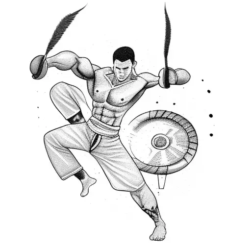 A blackwork tattoo of a capoeira fighter training in a gym tattoo design idea