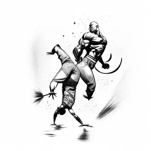 A black-grey tattoo of the X-men characters in a night scene practicing capoeira tattoo design idea