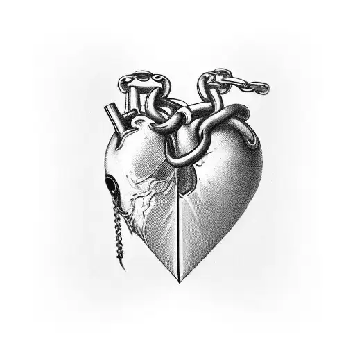 A chain with a blade at the end wraps around the human heart, a small part of the tip is stuck in the heart, small bruis tattoo design idea