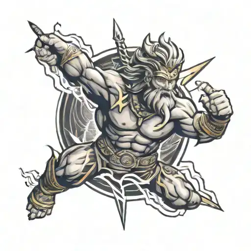 A Polynesian backgroundd  tattoo of Zeus wielding a lightning bolt  for half sleeve tattoo design idea