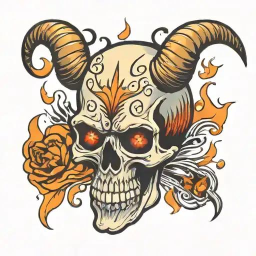 flaming skull with long horns tattoo design idea
