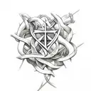 trinity knot with crosses and roses with vines and thorns tattoo design idea