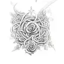 trinity knot with crosses and roses with vines and thorns tattoo design idea