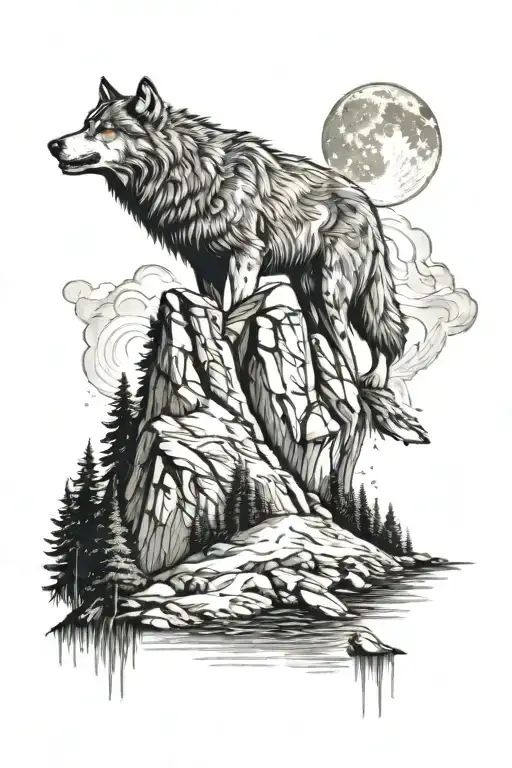 mountains with moon and orion constellation in sky, wolf pack on ledge, mountain stream below with fly fisherman tattoo design idea