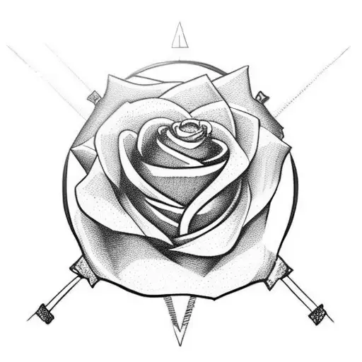 one white rose, two crossing swords, a heart, a shield  tattoo design idea