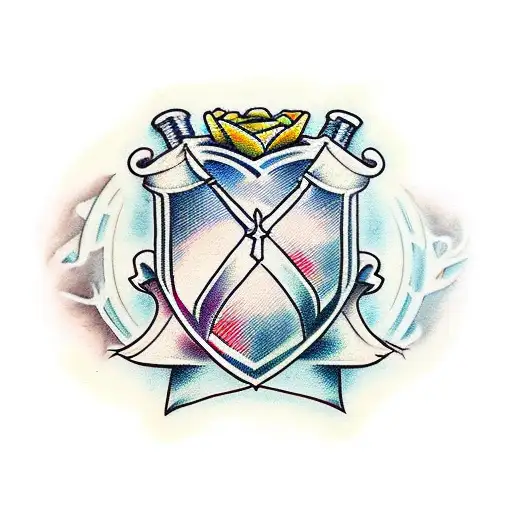 two crossing swords, heart, shield , white rose, tattoo design idea