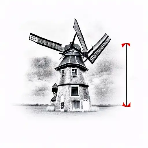 Old derelict Dutch Windmill with Dragon sitting on it tattoo design idea