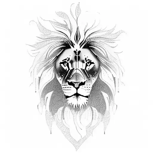 A majestic lion with its mane transforming into dense foliage, representing the transition from the savannah to a lush forest. Add deep shadows to create contrast and highlights, symbolizing the strength and harmony between the lion and nature. tattoo design idea