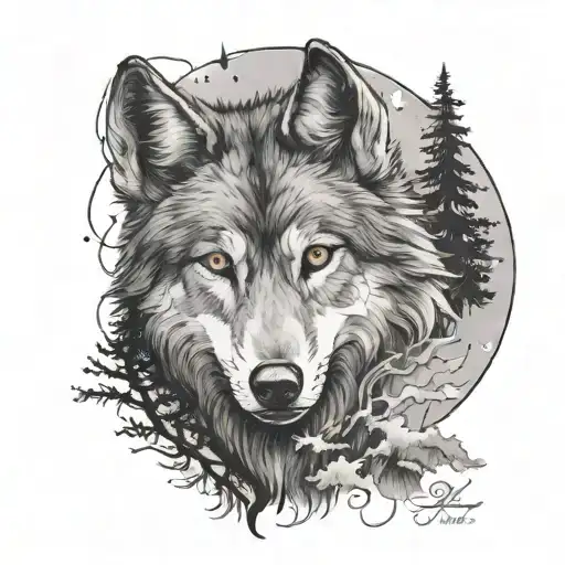 the wolf and the forest, child's name and date    tattoo design idea