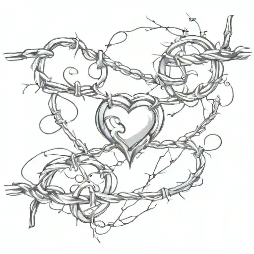 horizontal leg tattoo, a thin line of barbed wire with two hearts of barbed wire tattoo design idea