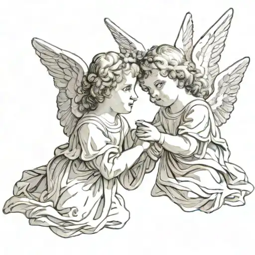 two angels touching fingers, renaissance style tattoo design idea