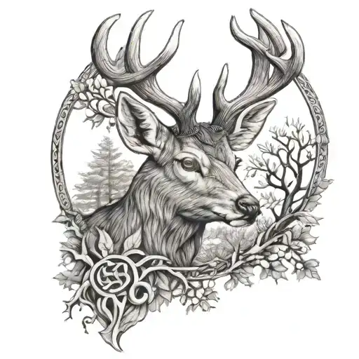 celtic deer head with trees tattoo design idea