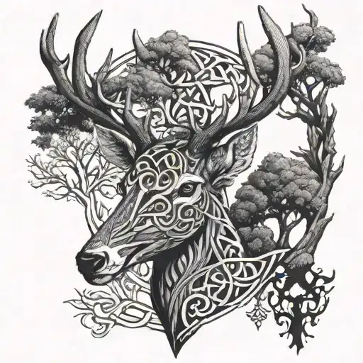 celtic deer head with trees tattoo design idea