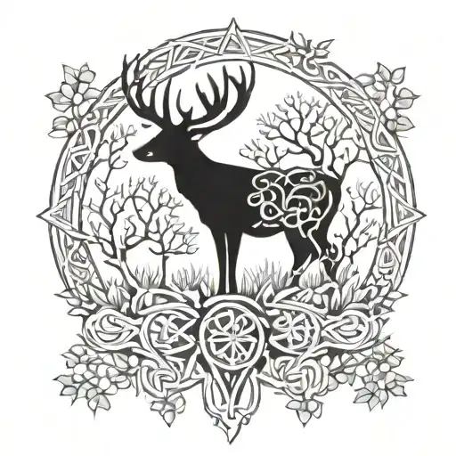 celtic deer head with trees tattoo design idea