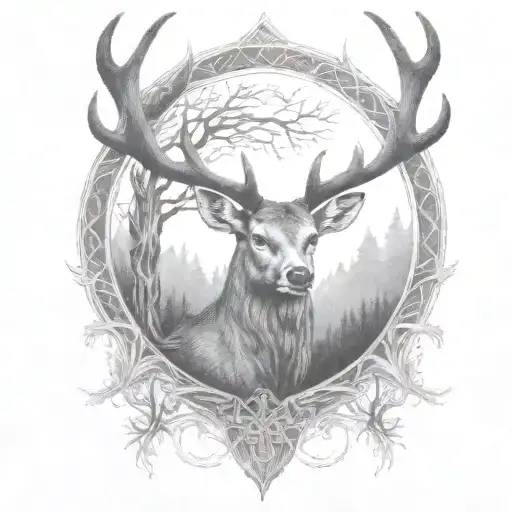 celtic deer head with trees tattoo design idea
