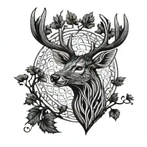 celtic deer head with trees tattoo design idea