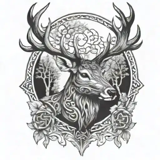 celtic deer head with trees tattoo design idea