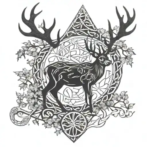 celtic deer head with trees tattoo design idea