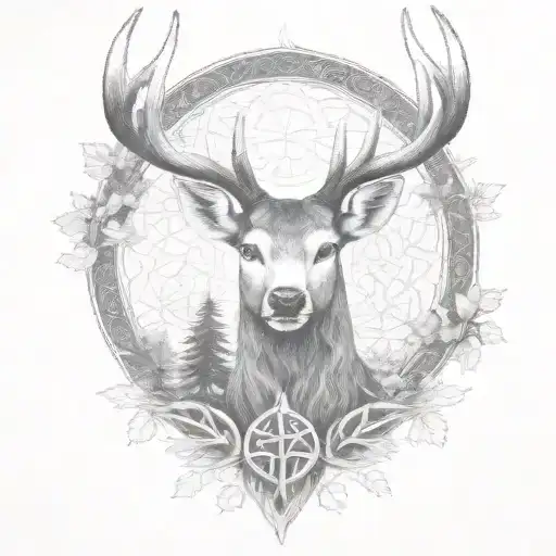celtic deer head with trees tattoo design idea