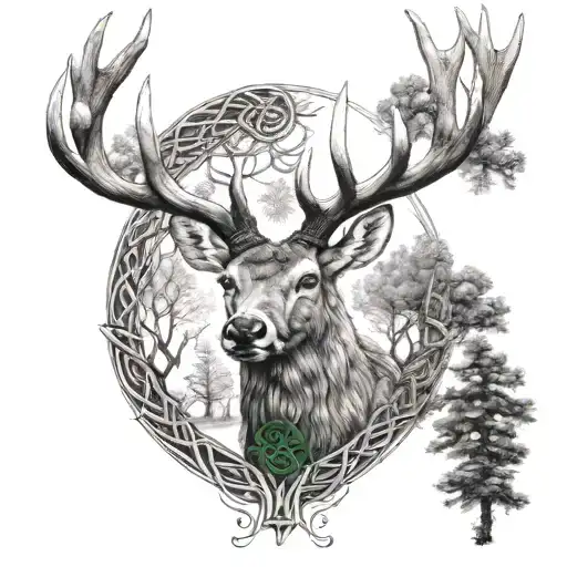 celtic deer head with trees tattoo design idea