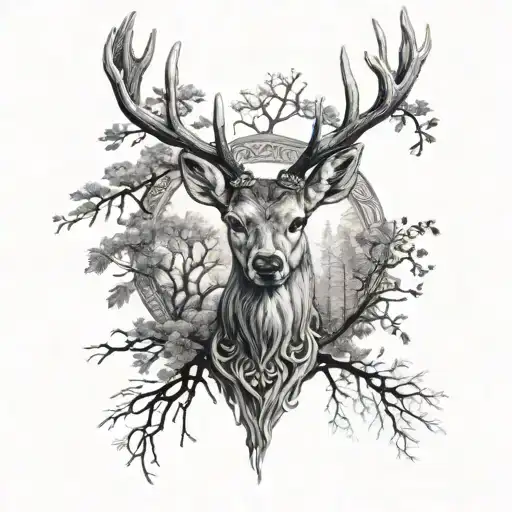 celtic deer head and trees tattoo design idea