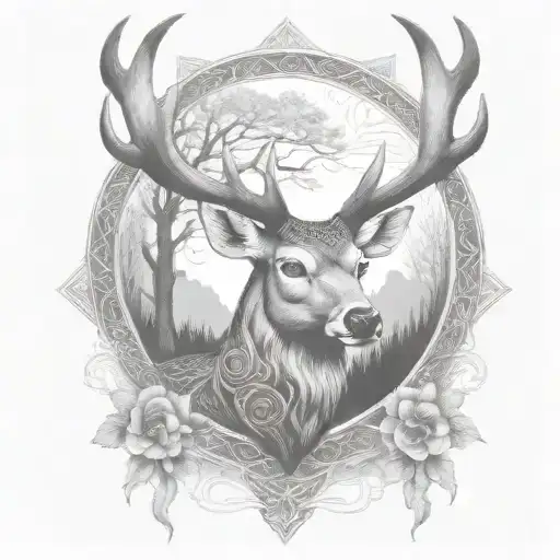 celtic deer head with trees tattoo design idea