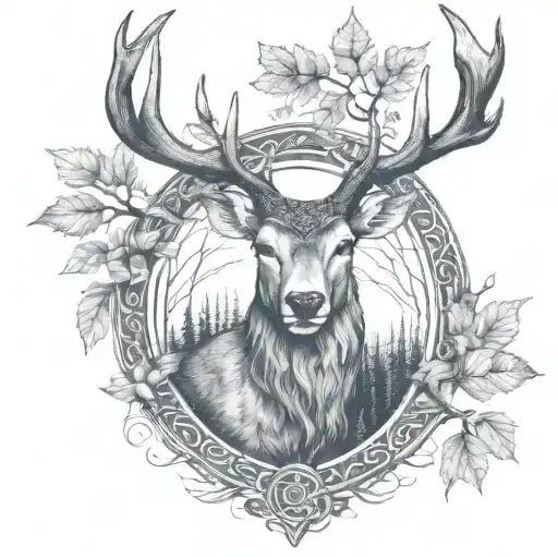 celtic deer head with trees tattoo design idea
