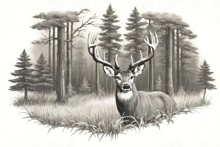 whitetail buck in woods tattoo design idea
