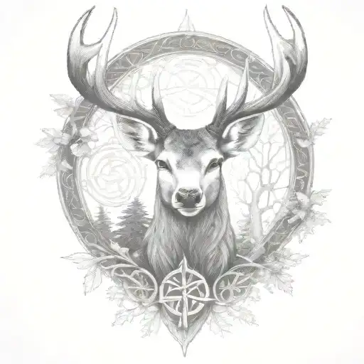 celtic deer head with trees tattoo design idea