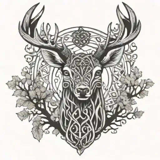 celtic deer head with trees tattoo design idea
