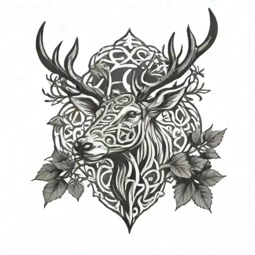 celtic deer head with trees tattoo design idea